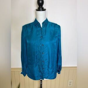 Vintage SSSSS 100% Silk Button-Up Blouse Emerald Teal VTG Womens Sz 8 Modern S